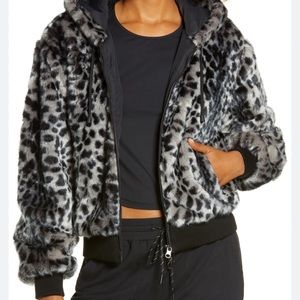 Blanc Noir Faux Fur Hooded Jacket in Grey Leopard